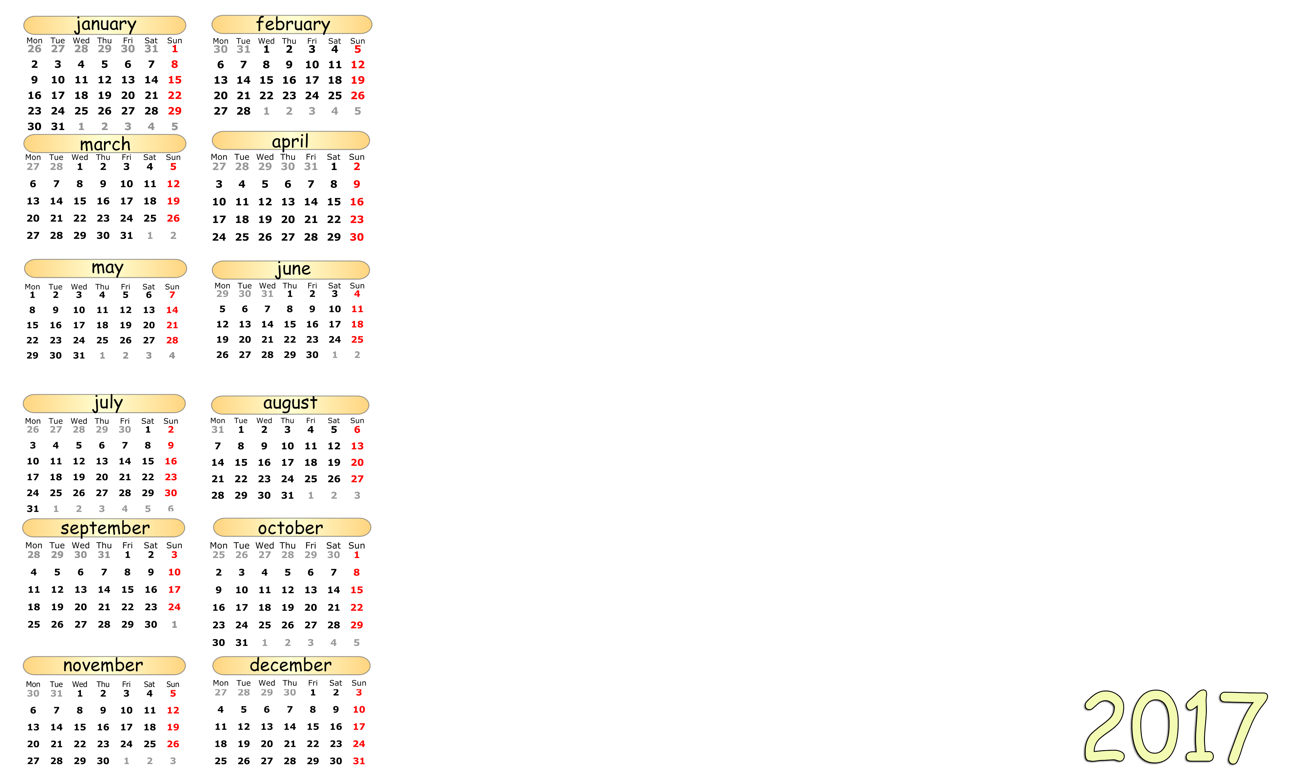 2017 Calendar Template English PNG Transparent Background 4200x2550px 2017 Calendar Template English PNG Transparent Background 4200x2550px