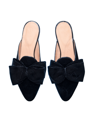 Antoine Black Velvet Slides With Bow Flat Shoes Png PNG Images